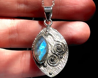 Natural, Labradorite, Pendant, Necklace, In Oxidized Sterling Silver