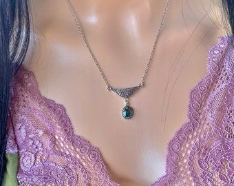 Green, Sapphire, Pendant, Necklace, In Oxidized, Sterling Silver