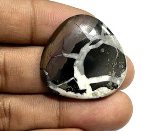 May include: A white, black, and gold dendritic agate cabochon with a unique, tree-like pattern. The cabochon is smooth and polished, and it has a natural, organic shape.