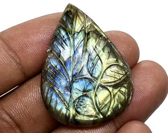 Natural Labradorite Carved Gemstone: Pear Cabochon, 36x27 mm