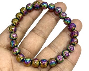 Rainbow Titanium Quartz Bracelet 8 mm Rainbow Gemstone Beaded Bracelet Handmade Protection Bracelets Crystals Stretch Stacking Bracelets