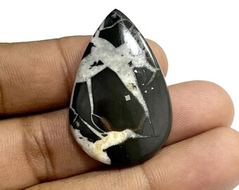 May include: Black and white teardrop-shaped cabochon with a unique pattern of white veins and swirls on a black background.