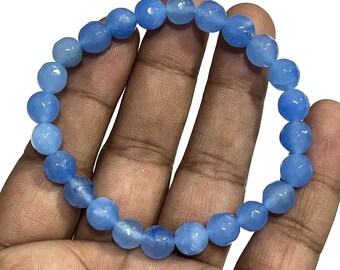 Faceted Sky Blue Chalcedony Bracelet 8 mm Gemstone Beaded Bracelet Handmade Healing Protection Bracelets Crystals Stretch Stacking Bracelets