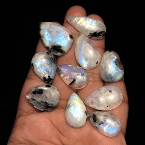Rainbow Moonstone Cabochons: Pear Gemstone Lot, Jewelry Making (10 Pieces, 23-29mm )