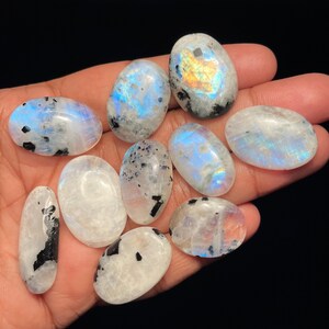 Rainbow Moonstone Cabochons: AAA Grade Oval Gemstones, 22-32mm, 10 Piece Lot