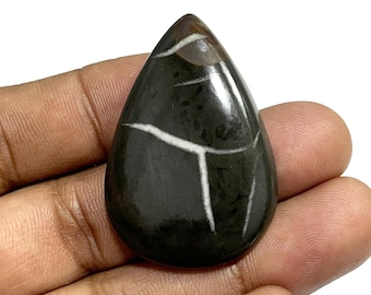 May include: A black and white teardrop-shaped cabochon gemstone with white veins. The gemstone is polished and has a glossy finish.