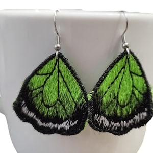 Butterfly embroidered earrings for her, hanging earrings in shades of green, original earrings for a gift, handmade earrings