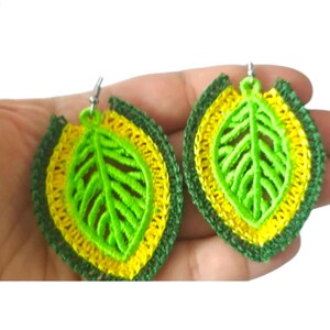 Long hanging earrings, embroidered leaf earrings, original earrings for her, gift for girlfriend