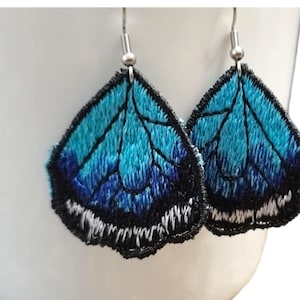 Butterfly embroidered earrings for her, hanging earrings in shades of blue original earrings for a gift, handmade earrings