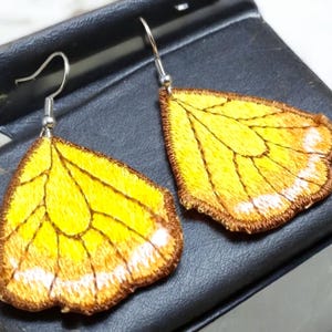 Butterfly embroidered earrings for her, yellow shades hanging earrings, original earrings for a gift, handmade earrings