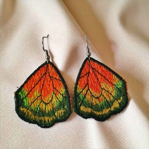 Butterfly embroidered earrings for her, original dangling earrings, fashionable earrings as a gift, green earrings, orange earrings