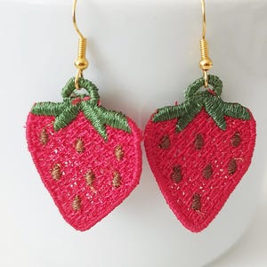 Strawberry hanging earrings, light embroidered earrings for her, original earrings for a girl, red earrings for a gift