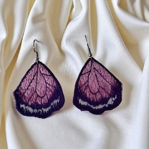 Butterfly embroidered earrings for her, original dangling earrings, fashionable earrings for a gift, green earrings, purple earrings