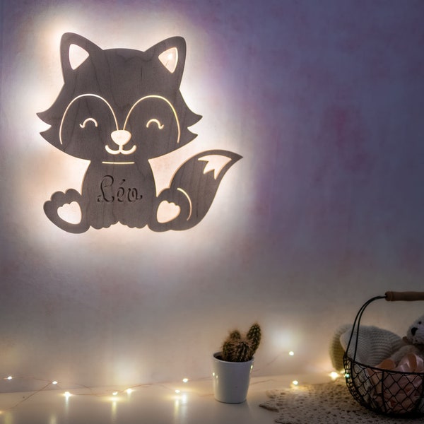 Veilleuse renard personnalisée en bois - Guirlande Leds