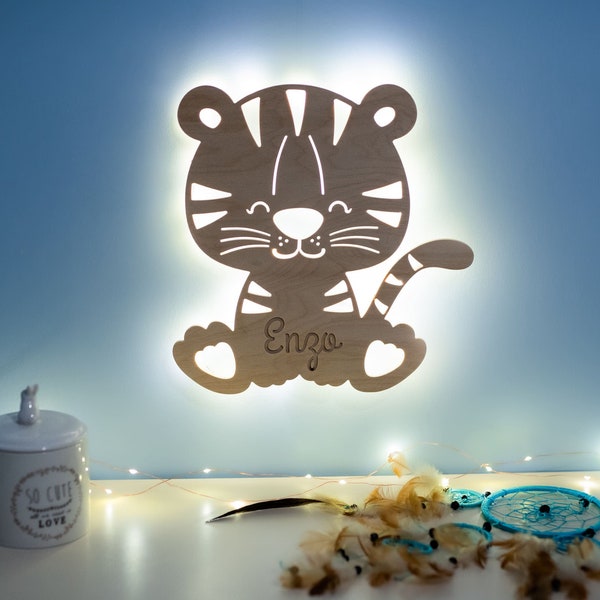 Personalized wooden tiger night light - Leds garland