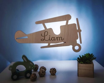 Personalisiertes Baby- oder Kinder-Flugzeug-Nachtlicht, Nachtlicht aus Holz, originelles Geburtsgeschenk, personalisiertes Baby-Geschenk