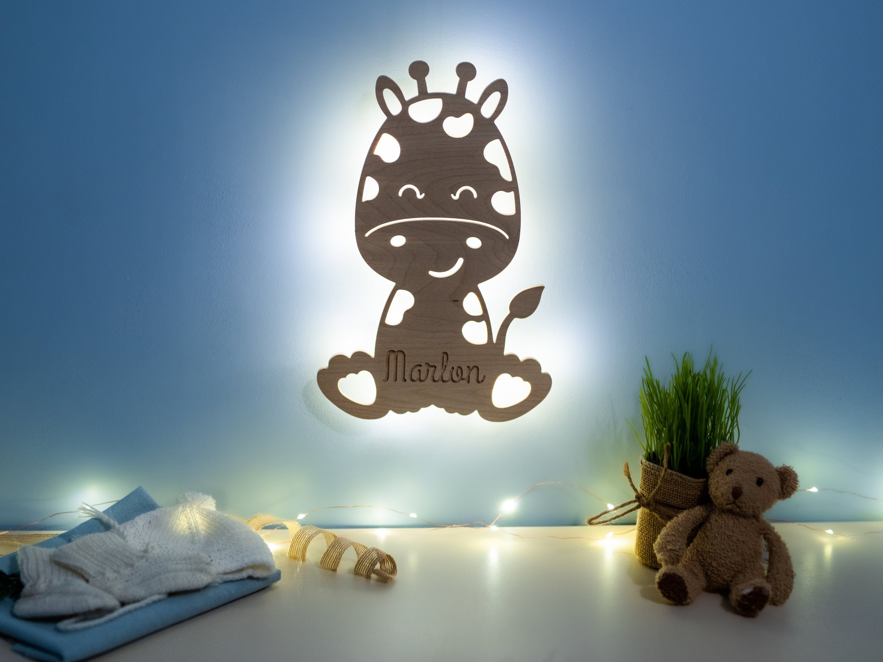 Veilleuse Girafe Personnalisée en Bois - Guirlande Leds