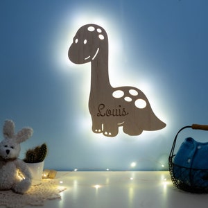 Personalized wooden dinosaur night light - Baby LED lamp - Jurassic themed bedroom decoration