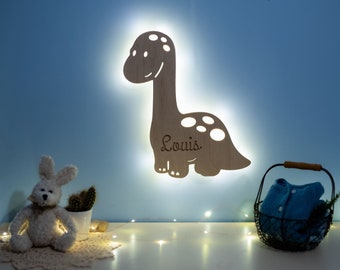 Personalized wooden dinosaur night light - Baby LED lamp - Jurassic themed bedroom decoration