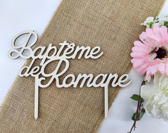 Cake topper de baptême en bois personnalisé, Décoration pour gâteau de cérémonie, Prénom pièce montée, Face topper possible