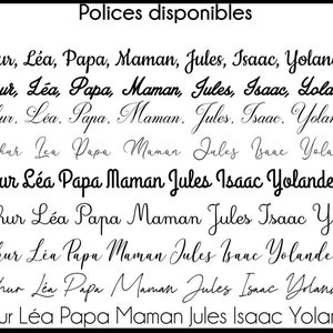 May include: A white background displays nine different cursive font styles. Each style presents the same list of names: Arthur, L&eacute;a, Papa, Maman, Jules, Isaac, and Yolande. The text "Polices disponibles" is at the top.