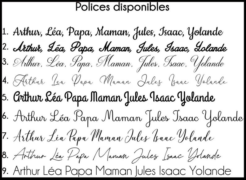 May include: A white background displays nine different cursive font styles. Each style presents the same list of names: Arthur, L&eacute;a, Papa, Maman, Jules, Isaac, and Yolande. The text "Polices disponibles" is at the top.