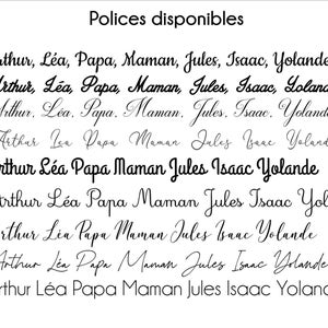 Puede incluir: Un fondo blanco muestra nueve estilos de fuente diferentes. Cada estilo presenta la misma lista de nombres: Arthur, L&eacute;a, Papa, Maman, Jules, Isaac y Yolande. El texto "Polices disponibles" est&aacute; en la parte superior.