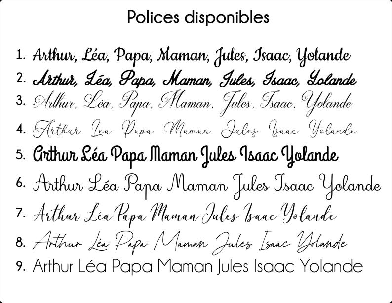 Puede incluir: Un fondo blanco muestra nueve estilos de fuente diferentes. Cada estilo presenta la misma lista de nombres: Arthur, L&eacute;a, Papa, Maman, Jules, Isaac y Yolande. El texto "Polices disponibles" est&aacute; en la parte superior.