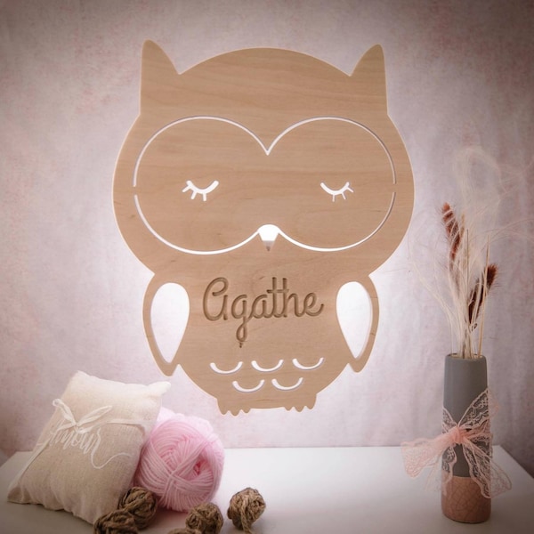 Personalized wooden owl light, ideal birth gift