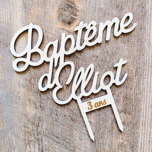 Cake topper de baptême en bois personnalisé, Décoration pour gâteau de cérémonie, Prénom pièce montée, Face topper possible image 6