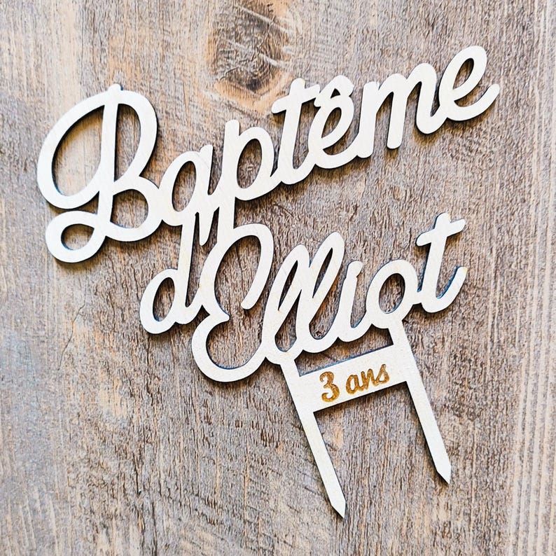 Cake topper de baptême en bois personnalisé, Décoration pour gâteau de cérémonie, Prénom pièce montée, Face topper possible image 6