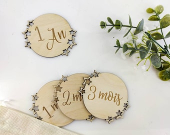 Cartes étapes bébé rondes en bois de 1 semaine à 1 an - Mes premières étoiles -  Cadeau de naissance personnalisé pour future maman
