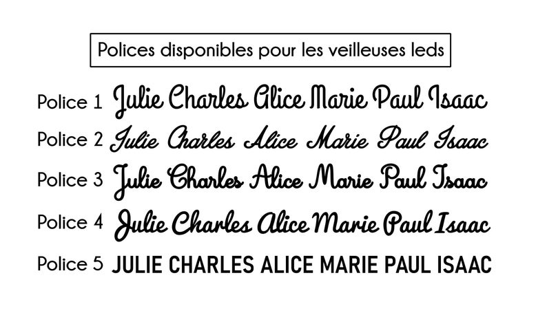 May include: Five different font styles for the names Julie, Charles, Alice, Marie, Paul, and Isaac. The text is in black and the background is white.