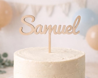 Cake Topper Prénom en bois à personnaliser - Décoration gâteau d'anniversaire - Pic à gâteau en bois naturel