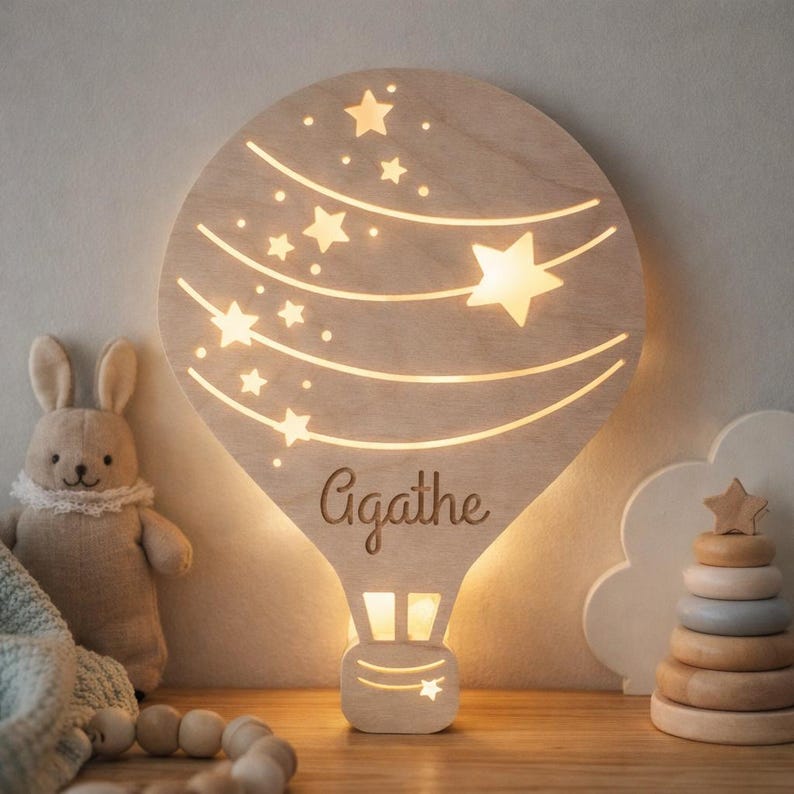 Custom baby night light – LED nursery wall lamp – Hot air balloon decor image 1