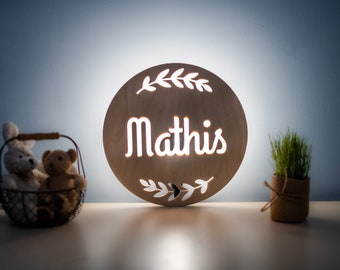 Applique murale ronde en bois personnalisée - Veilleuse personnalisable avec prénom - Décoration chambre bébé et enfant