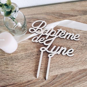 Cake topper de baptême en bois personnalisé, Décoration pour gâteau de cérémonie, Prénom pièce montée, Face topper possible image 3