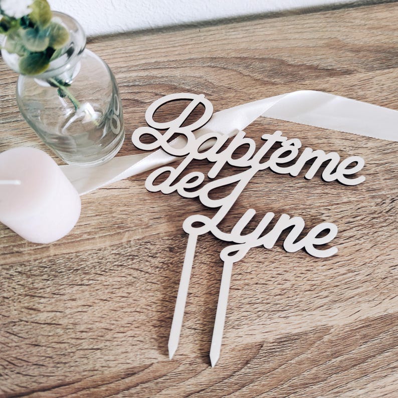 Cake topper de baptême en bois personnalisé, Décoration pour gâteau de cérémonie, Prénom pièce montée, Face topper possible image 3