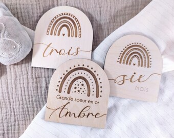 Carte étape arc en ciel bois, Cartes étapes bébé bois, première année bébé, cadeau naissance personnalisé