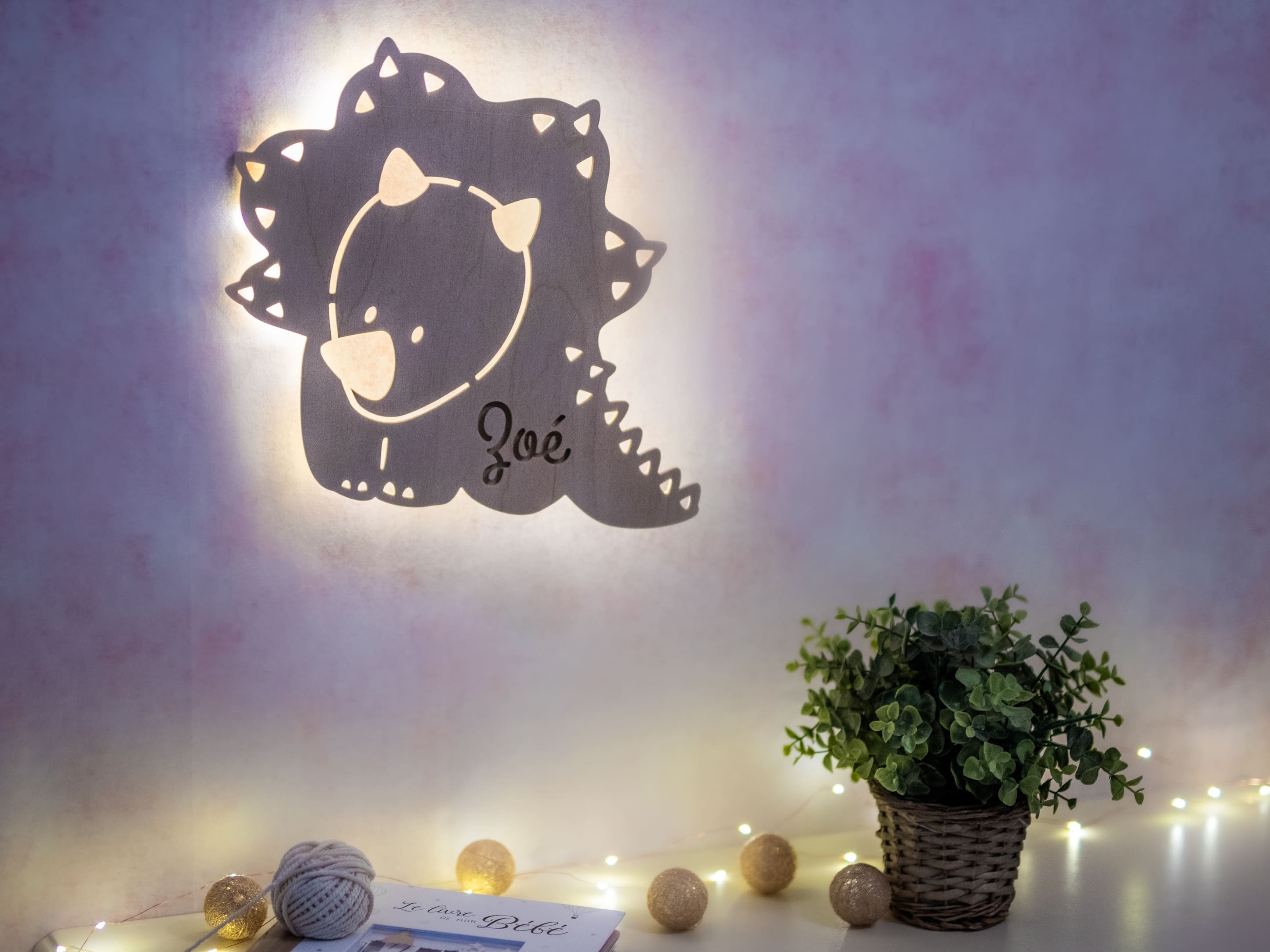 Veilleuse Dinosaure Personnalisée en Bois - Guirlande Leds