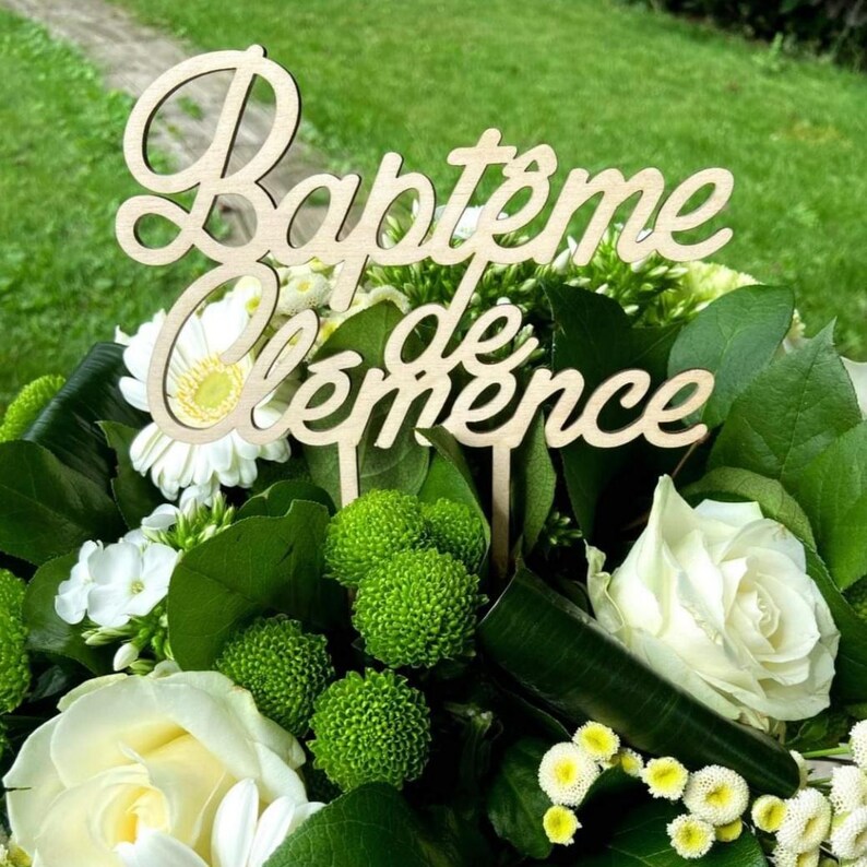 Cake topper de baptême en bois personnalisé, Décoration pour gâteau de cérémonie, Prénom pièce montée, Face topper possible image 8