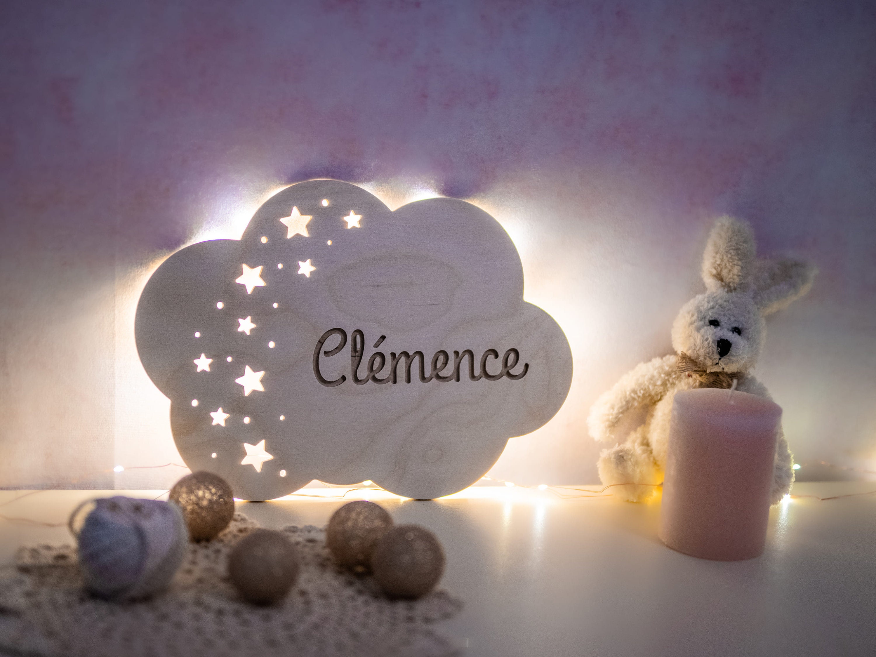 Veilleuse Nuage Personnalisée en Bois - Guirlande Leds