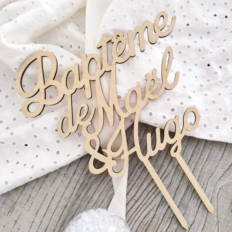 Cake topper de baptême en bois personnalisé, Décoration pour gâteau de cérémonie, Prénom pièce montée, Face topper possible image 7