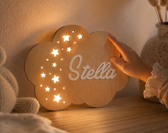 Veilleuse nuage personnalisée en bois | Lampe LED prénom bébé | Décoration chambre enfant