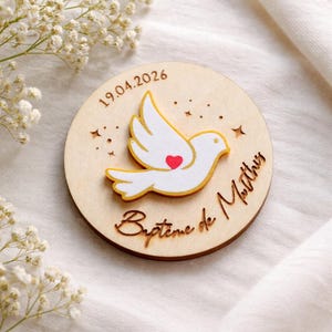 Imán de madera personalizado con forma de paloma para bautizo - Regalo para padrinos - Recuerdo religioso con nombre