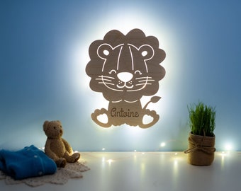 Veilleuse lion personnalisée en bois, Veilleuse bébé, Veilleuse enfant, Lampe leds, Cadeau de naissance