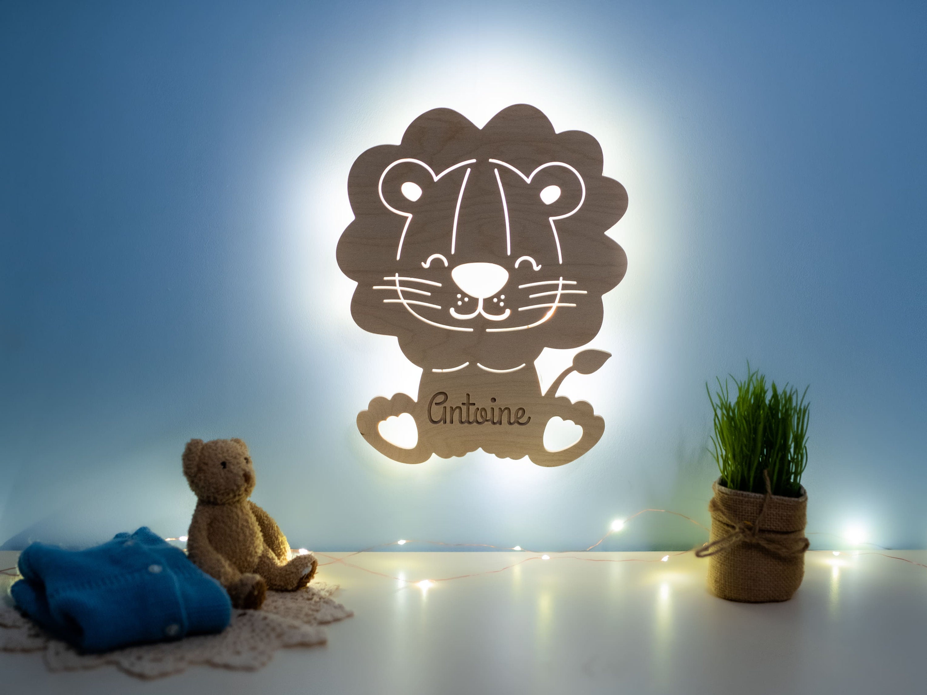 Veilleuse Lion Personnalisée en Bois - Guirlande Leds