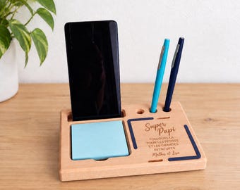 Wooden desk organizer - Personalized gift for Grandpa - Holder for phone, sticky notes and pens - Grandparents' Day