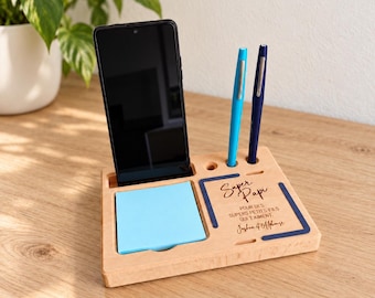 Wooden desk organizer - Personalized gift for Grandpa - Holder for phone, sticky notes and pens - Grandparents' Day