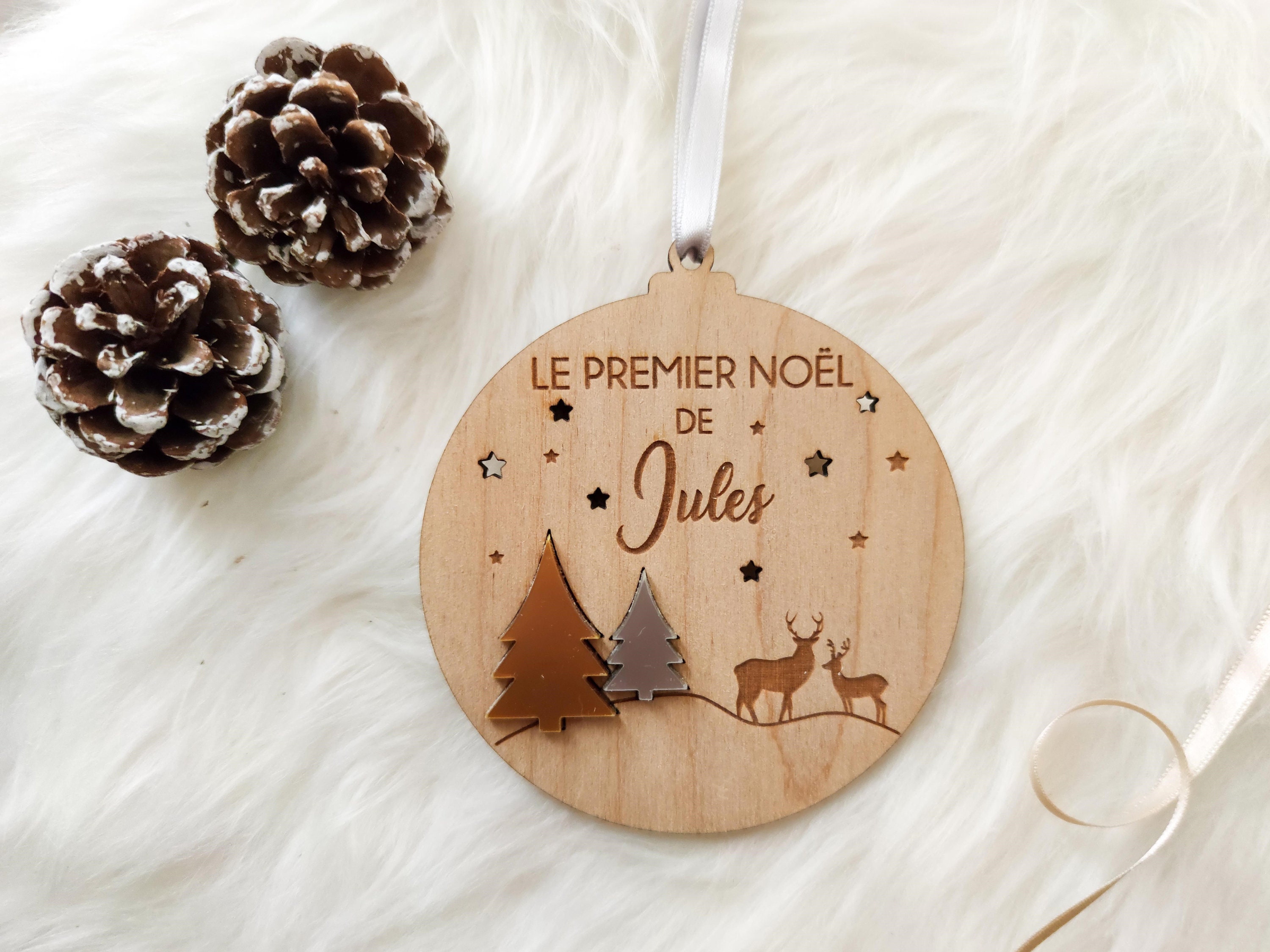 Boule de Noël Personnalisée - Modèle Forêt Bois et Plexiglas